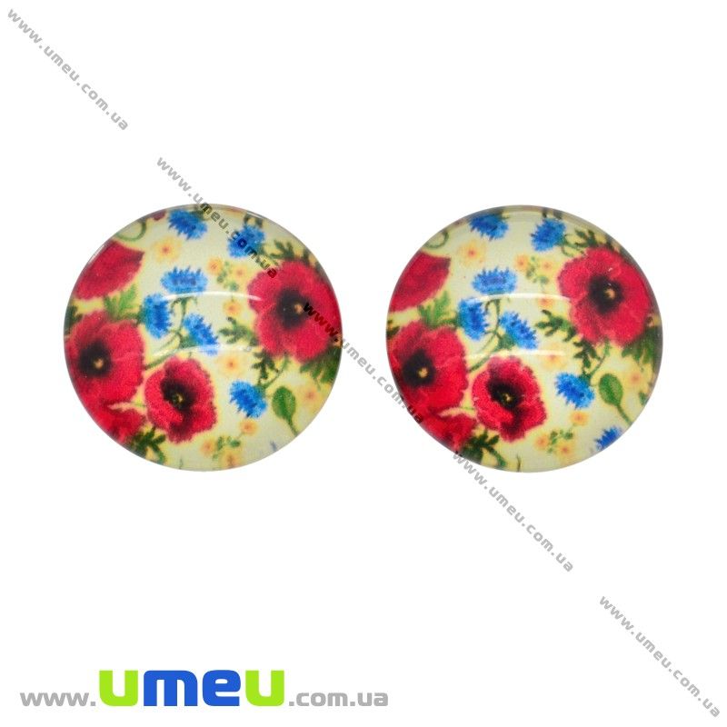 Кабошон скляний з принтом Маки, 18 мм, Круглий (KAB-003074)