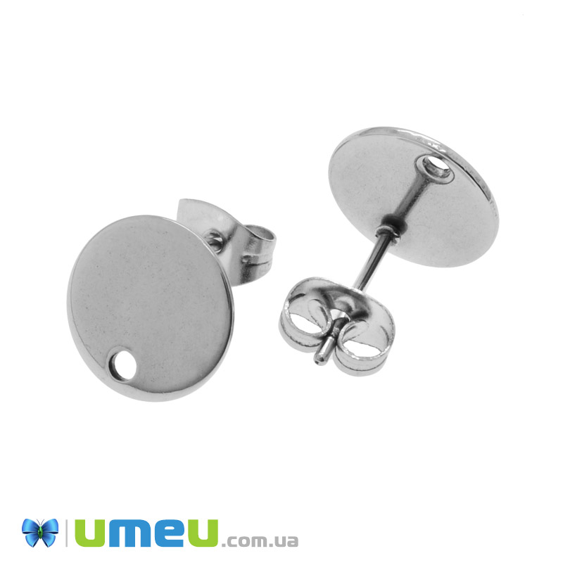 Пусети з нерж. сталі з майданчиком 10 мм із заглушками, 12х10 мм, Темне срібло (STL-048993)