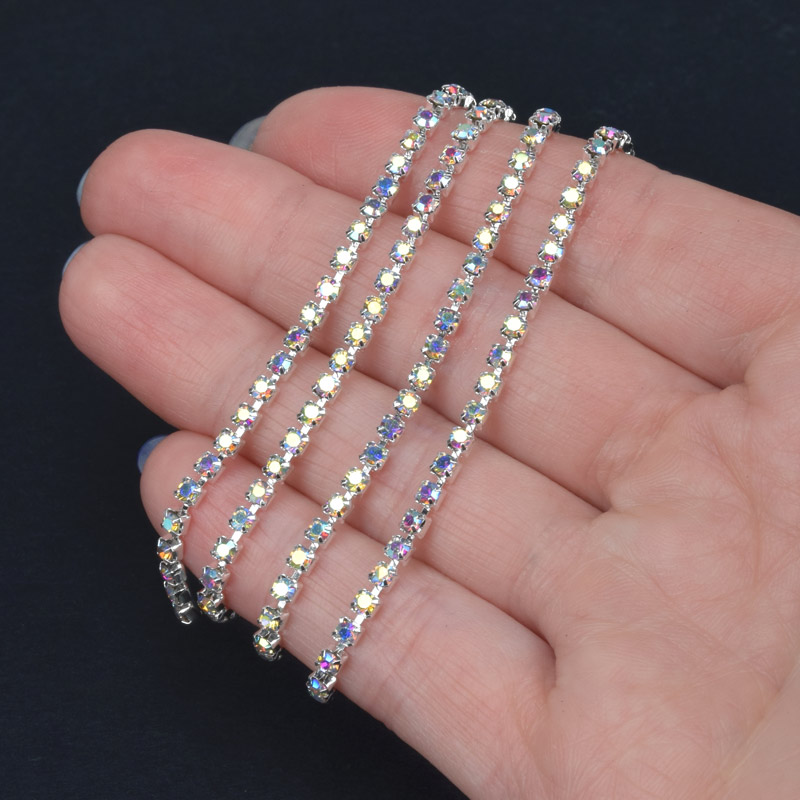 Стразовий ланцюг SS8 (2,4 мм), Світле срібло, Стрази скляні білі АВ (ZEP-061012)