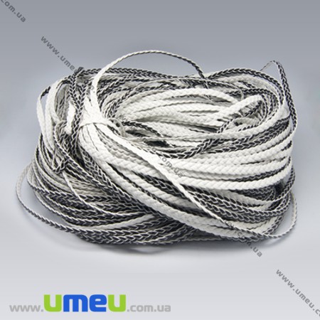 Плетений штучний шкіряний шнур (косичка), Чорно-білий, 6х2 мм (LEN-007355)