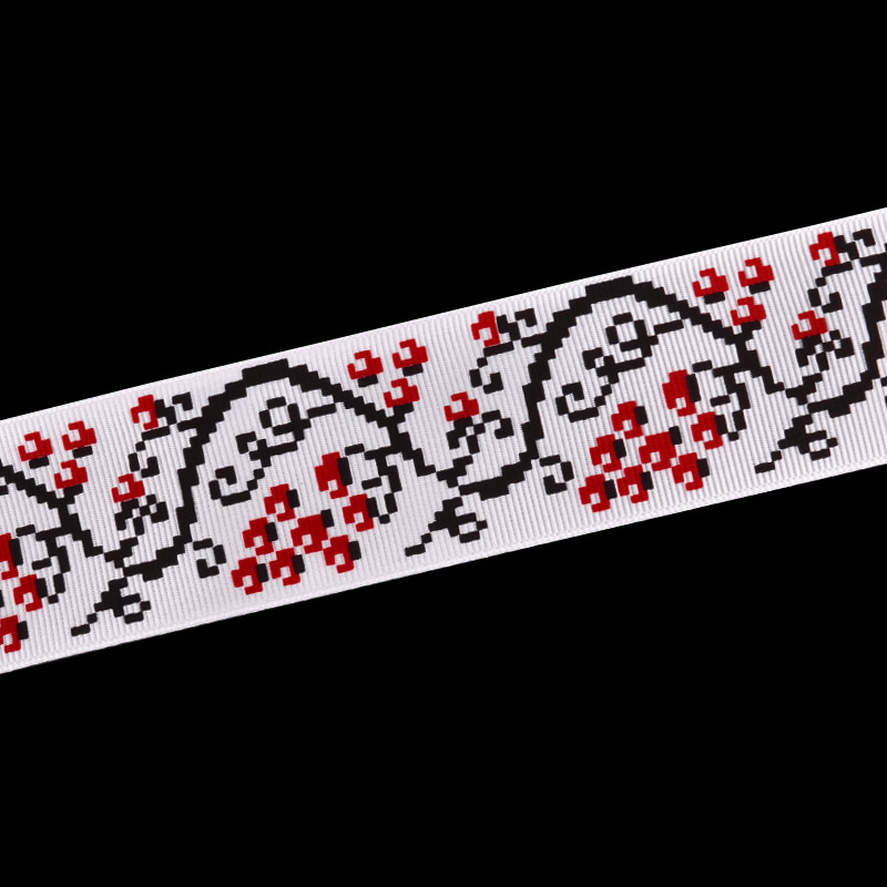 Репсова стрічка з малюнком Калина, 40 мм, Біла (LEN-054909)