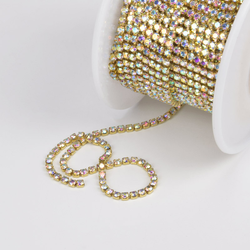 Стразовий ланцюг SS6 - 2,0 мм, Золото, Стрази скляні білі АВ (ZEP-036407)