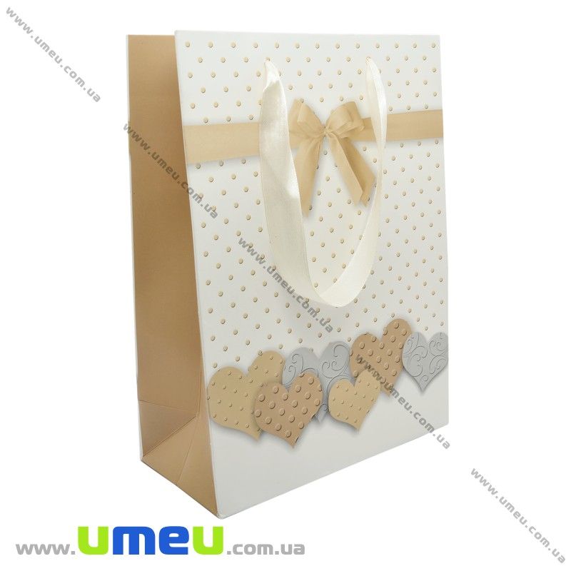 Подарунковий пакет Серця, 24х18х8,5 см, Бежевий (UPK-023404)