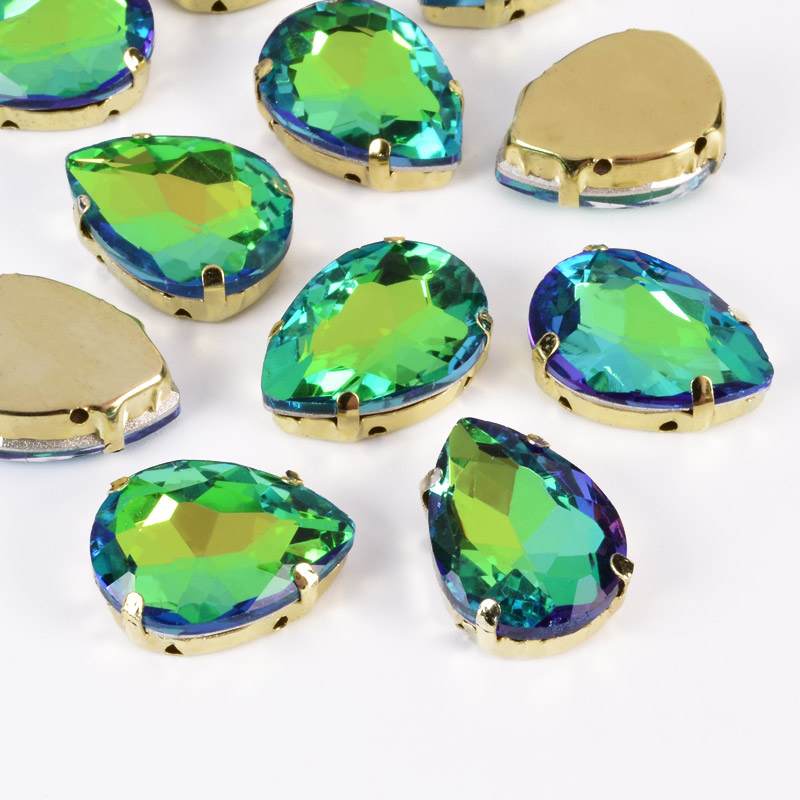 Шатон крапля 18х13 мм, Золото, Синьо-зелений (KAB-052931)