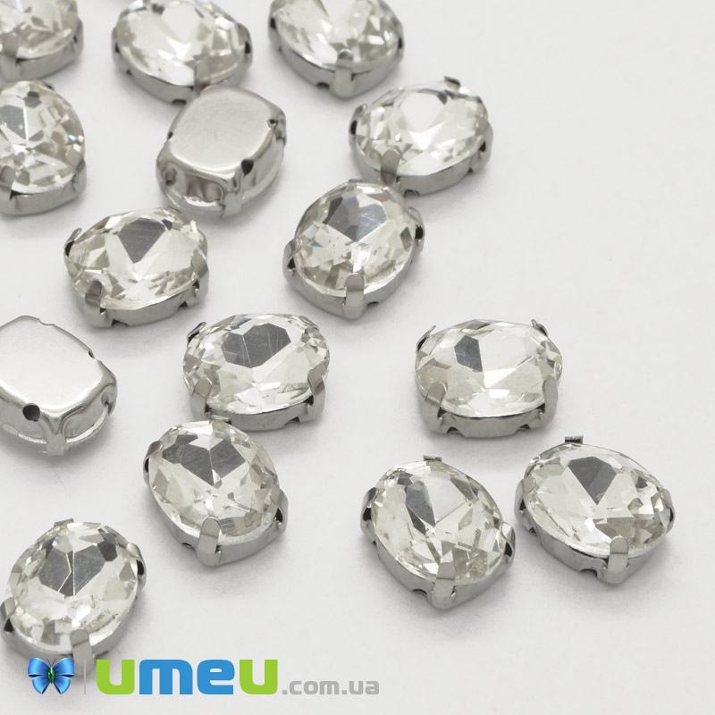 Шатон овальний 14х10 мм, Темне срібло, Білий (KAB-052807)