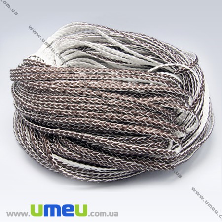 Плетений штучний шкіряний шнур (косичка), Коричнево-білий, 6х2 мм (LEN-007356)