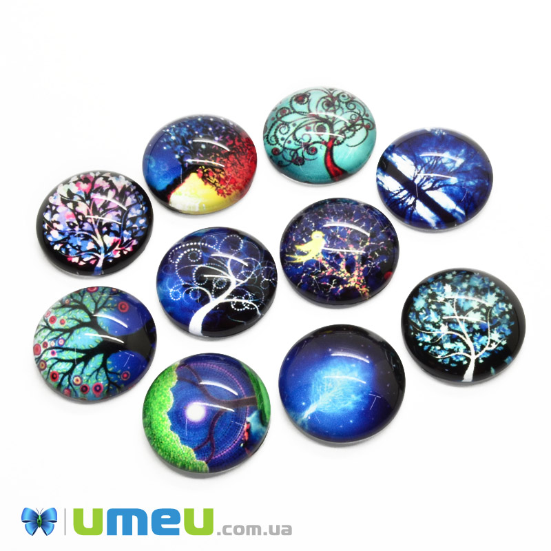 Кабошони скляні з принтом Дерево, 18 мм, Круглі, Мікс (KAB-050696)
