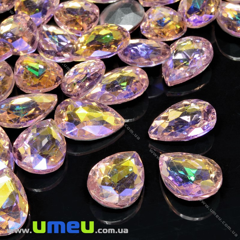Ріволі скляний, Крапля гранована, Райдужний, 14х10 мм, Рожевий АВ (KAB-033962)