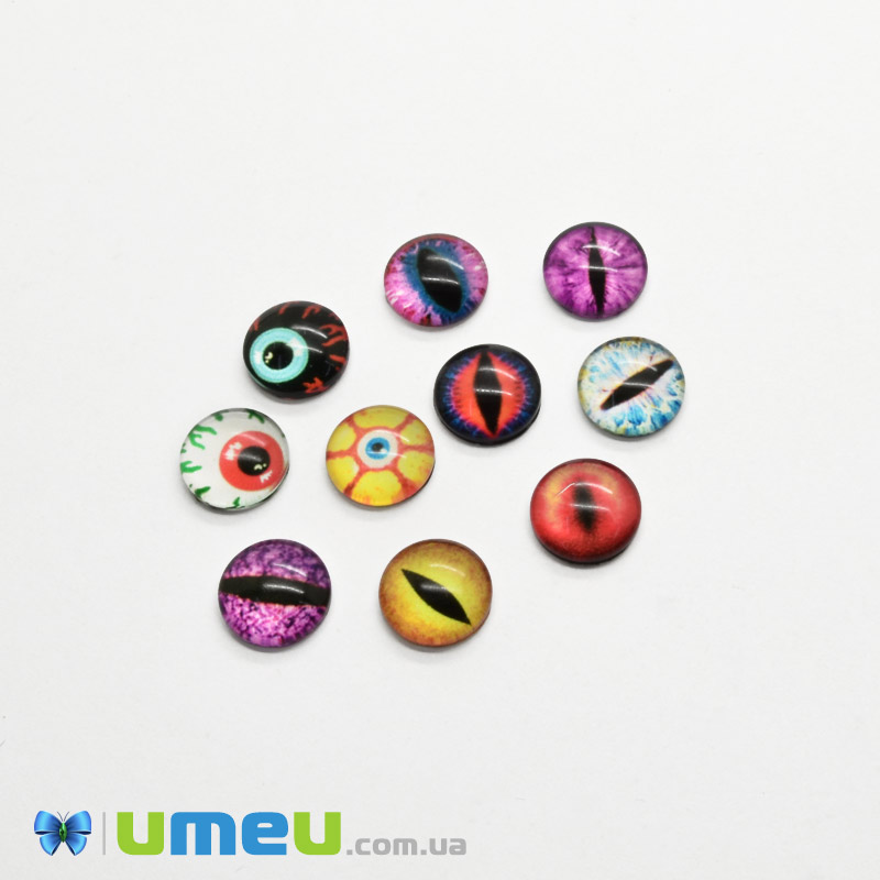 Кабошони скляні з принтом Око, 10 мм, Круглі, Мікс (KAB-050703)