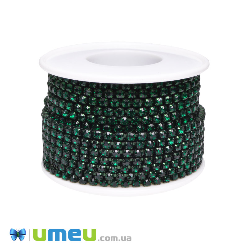 Стразовая цепь SS12 (2,8 мм), Изумрудная, Стразы стеклянные изумрудные (ZEP-049291)