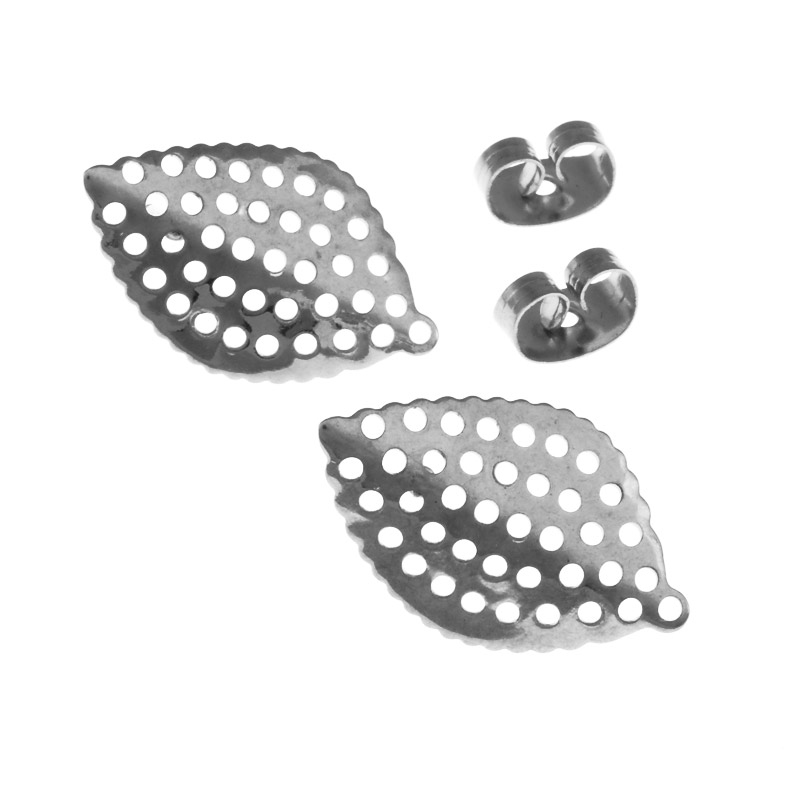 Пусети з нерж. сталі з заглушками, Листочки, 18х11 мм, Темне срібло (STL-055774)
