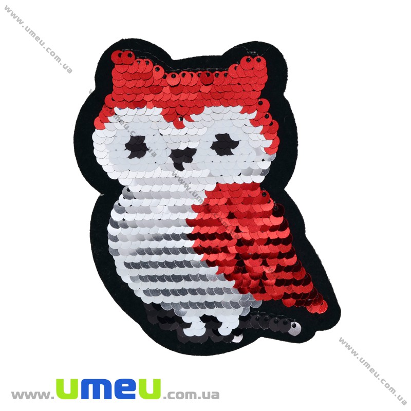 Термоаплікація двостороння Сова, 11х8 см, Серебристо-червона (APL-033579)