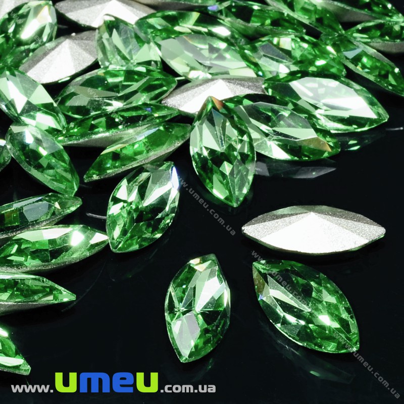 Ріволі скляний, Човник гранований, 15х7 мм, Салатовий (KAB-022005)