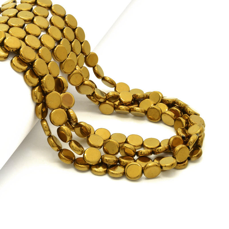 Намистини Гематит, Нат. камінь, Круглі плоскі, 10х4 мм, З покриттям, Золотисті (BUS-054026)