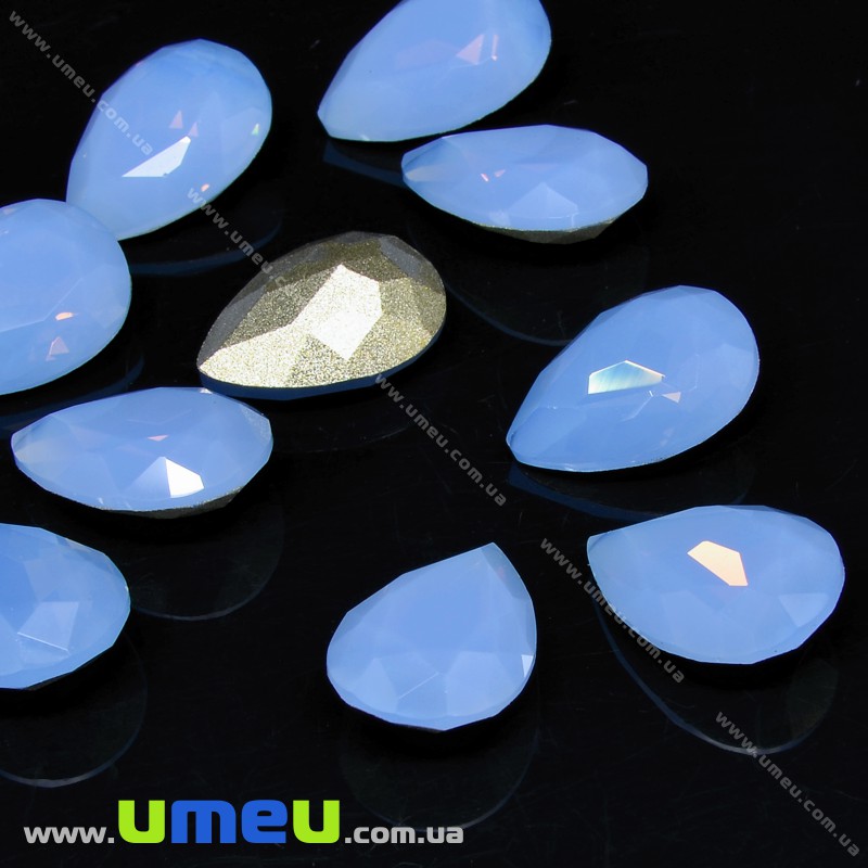 Ріволі скляний, Крапля гранована, Опал, 14х10 мм, Блакитний (KAB-033988)