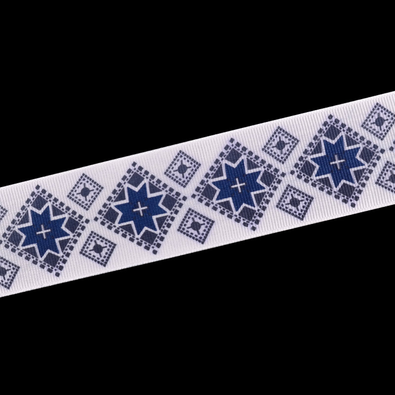 Репсова стрічка з малюнком Ромби сині, 40 мм, Біла (LEN-054903)