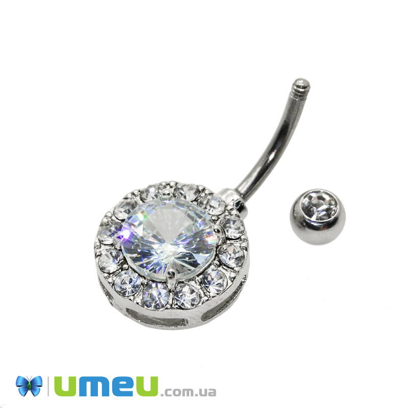 Серьга для пирсинга пупка из нерж. стали, Темное серебро, 29х13 мм, Белая (OSN-048048)