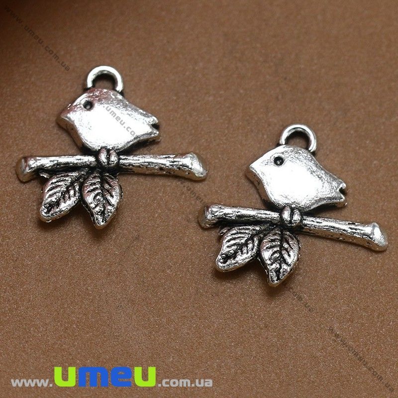 Подвеска метал. Птичка на ветке, 17х16 мм, Античное серебро (POD-028286)