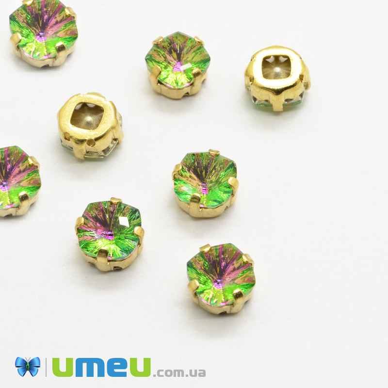 Шатон квадратний 9х9 мм, Золото, Рожево-зелений (KAB-041841)