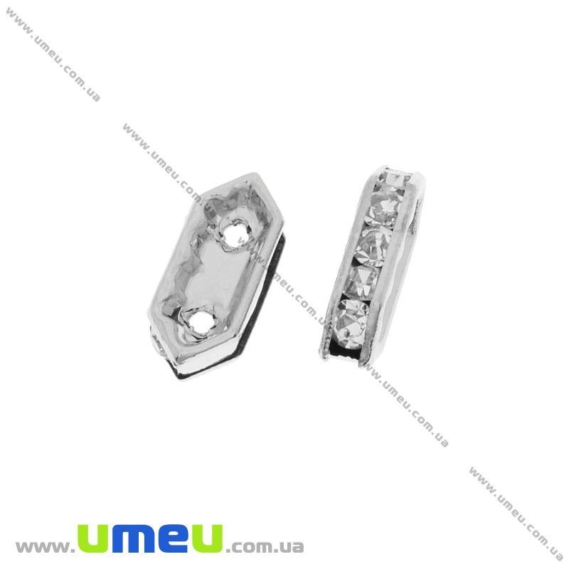 Розділювач на 2 нитки 11х4,5 мм, Темне срібло, Стрази скляні білі (OBN-030069)