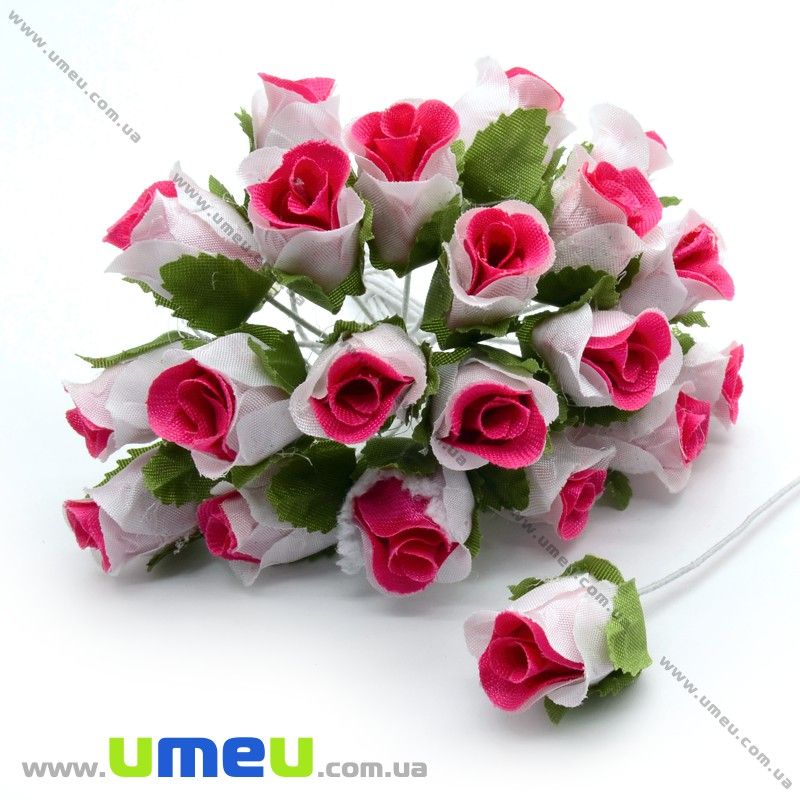 Роза тканевая, 15 мм, Розово-белая, 1 шт (DIF-014665)