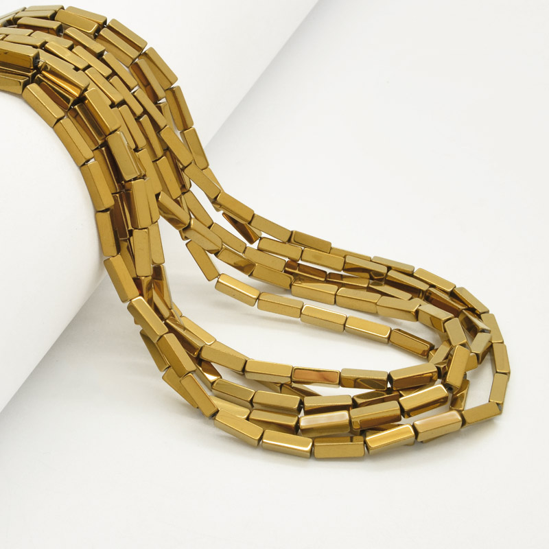 Намистини Гематит, Нат. кам., Прямокутник, 3х9 мм, З покриттям, Золотисті (BUS-054015)