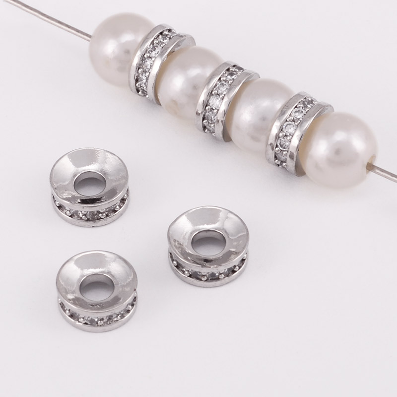 Намистина-розділювач, 7,8 мм, Латунь з покриттям Родій, Стрази куб. цирконій (BUS-055900)