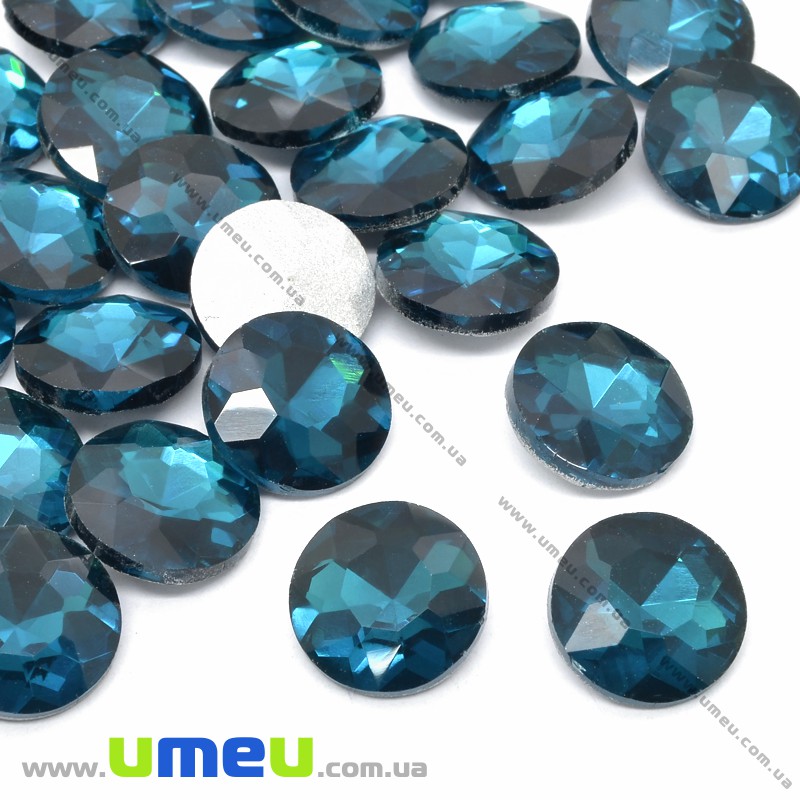 Ріволі скляний, Круглий гранований, Кристал, 12 мм, Бірюзовий (KAB-033929)