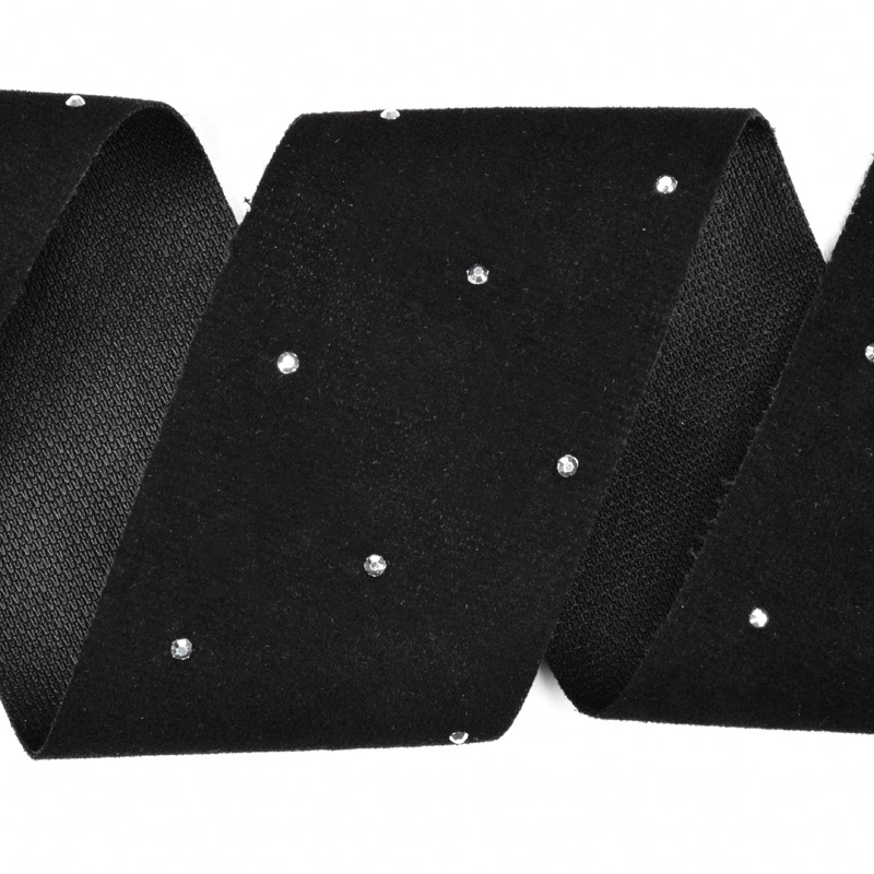 Стрічка оксамитова зі стразами, 40 мм, Чорна (LEN-060671)