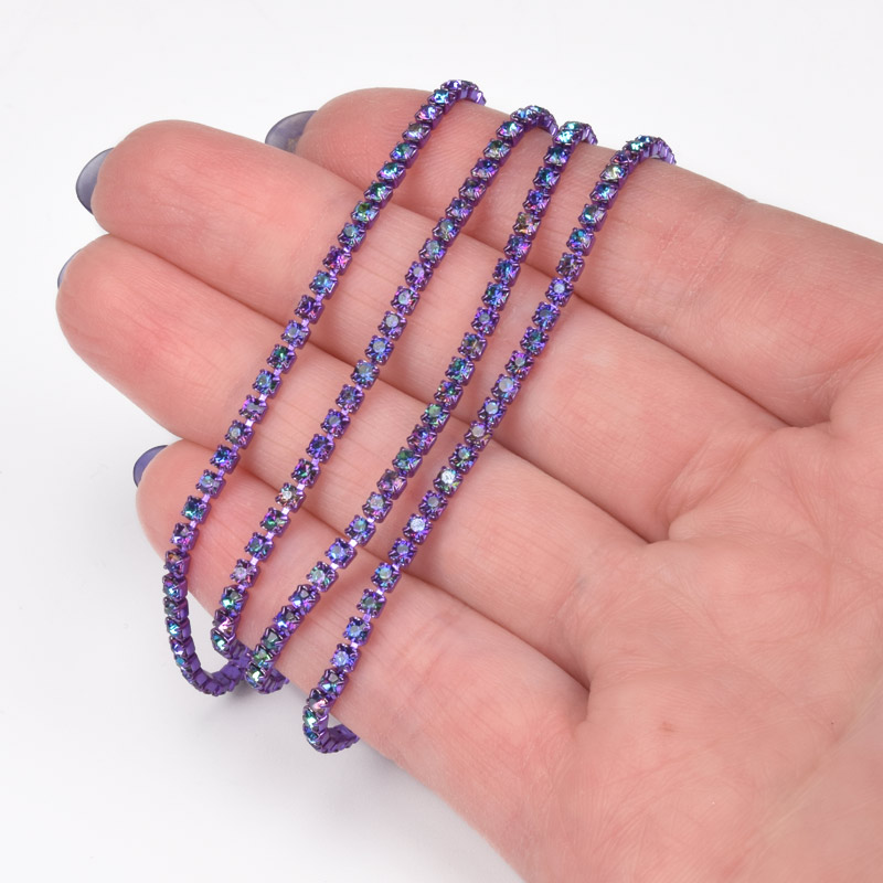 Стразовая цепь SS6 - 2,0 мм, Фиолетовая ирис, Стразы стеклянные фиолетовые АВ (ZEP-061019)