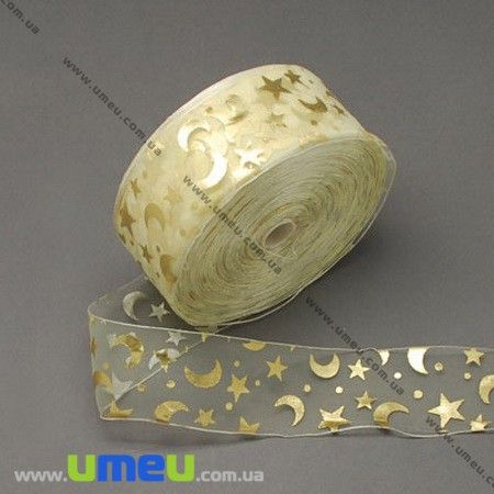 Стрічка з органзи з малюнком, 38 мм, Жовта (LEN-008120)