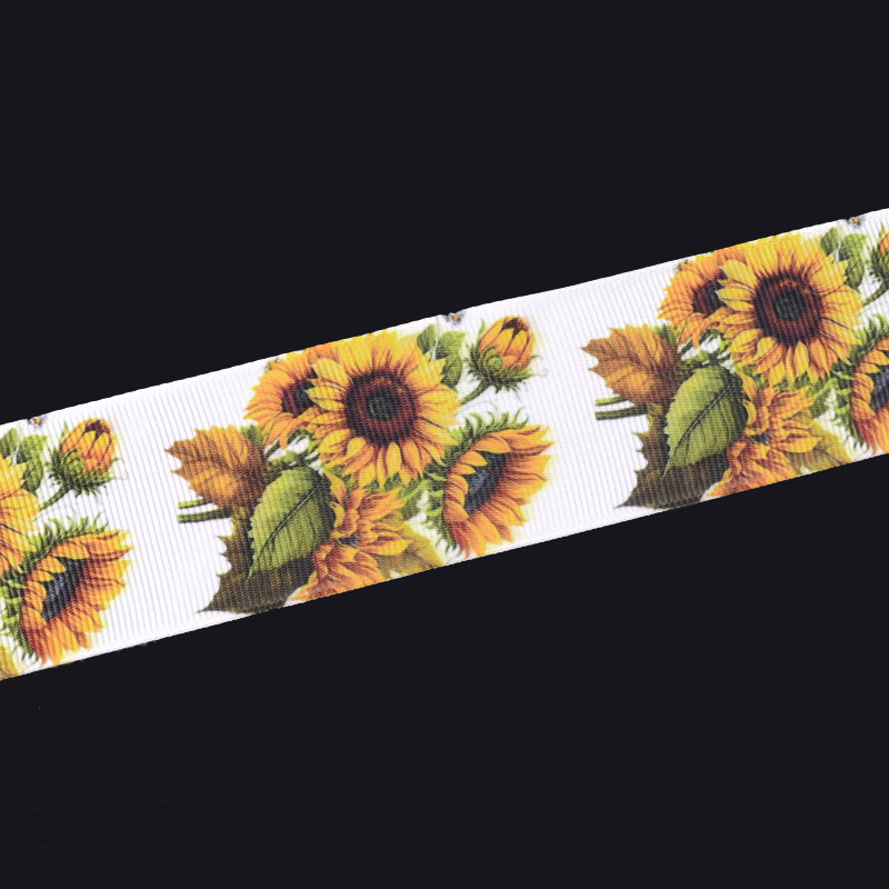Репсова стрічка з малюнком Соняшники, 40 мм, Біла (LEN-055804)