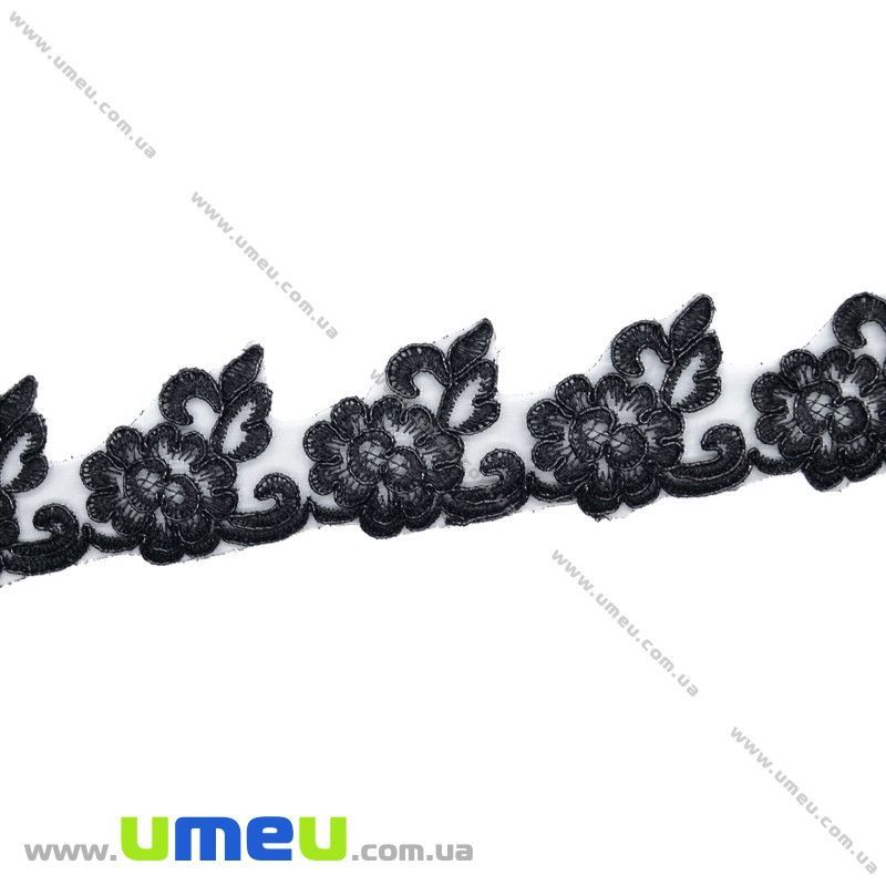 Тасьма вишита Квіти, 45 мм, Чорна (LEN-021056)