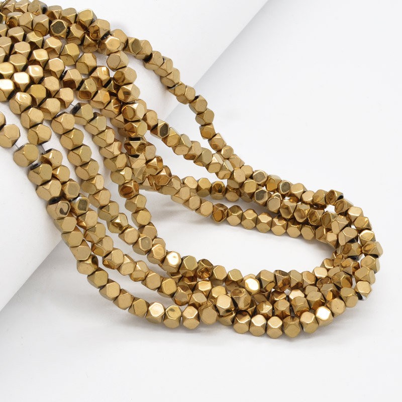 Намистини Гематит, Натур. камінь, Кубик, 4х4х4 мм, З покриттям, Золотисті (BUS-051760)