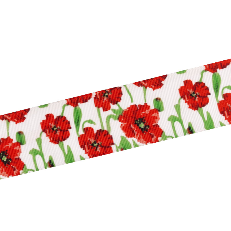 Репсова стрічка з малюнком Маки, 40 мм, Біла (LEN-054904)
