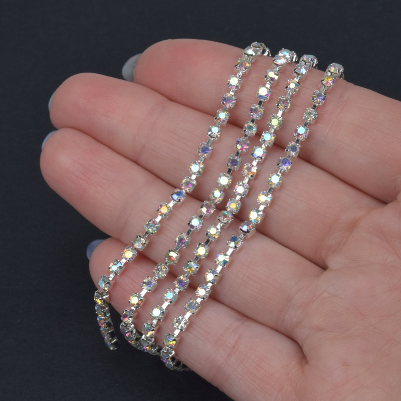 Стразовая цепь SS10 (2,6 мм), Светлое серебро, Стразы стеклянные белые АВ (ZEP-047555)