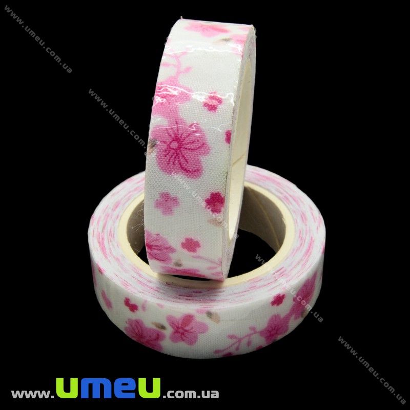 Декоративний скотч тканинний, Квіти, 15 мм, Біло-рожевий (DIF-021200)