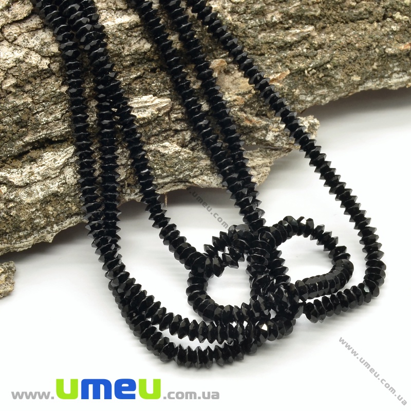 Намистини Шпінель чорна, Натур. камінь, 3х2 мм, Круглі плоскі грановані (BUS-037288)