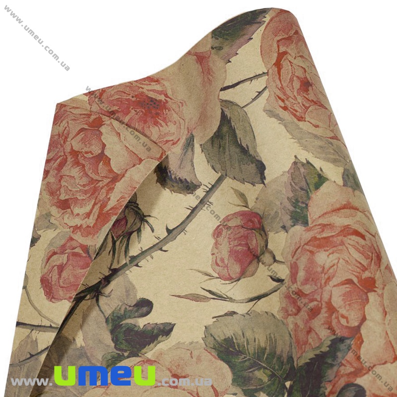 Пакувальний двосторонній крафт папір Троянди, Бежевий, 65х100 см (UPK-035574)