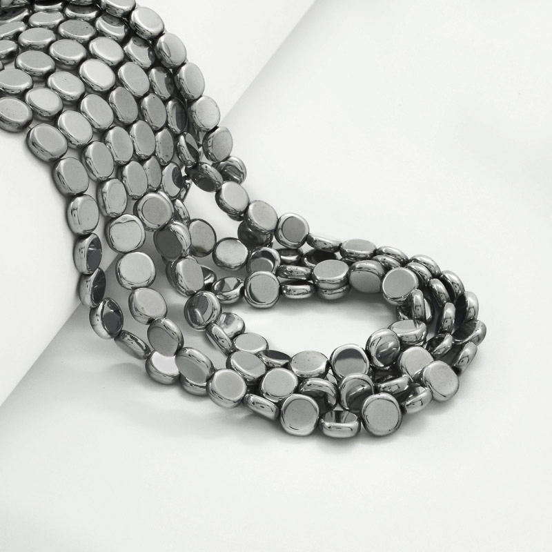 Намистини Гематит, Нат. камінь, Круглі плоскі, 8х3 мм, З покриттям, Сріблясті (BUS-054022)
