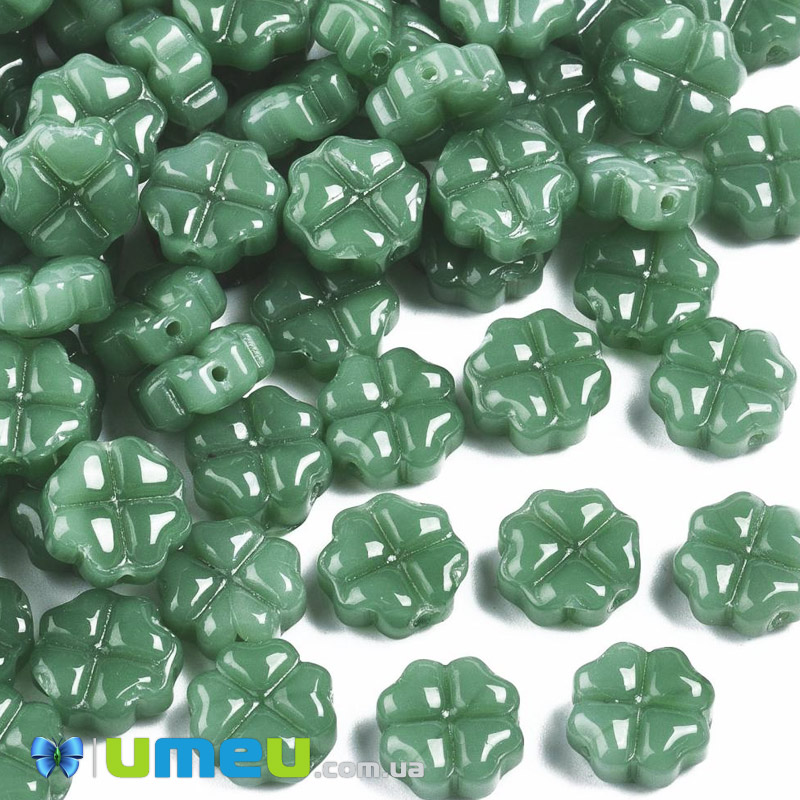 Бусина скляна, 10х10х4, 8 мм, Конюшина, Зелена (BUS-044266)