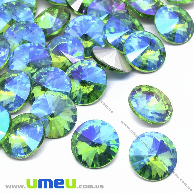 Ріволі скляний, Круглий гранований, Райдужний, 12 мм, Салатовий АВ (KAB-033901)