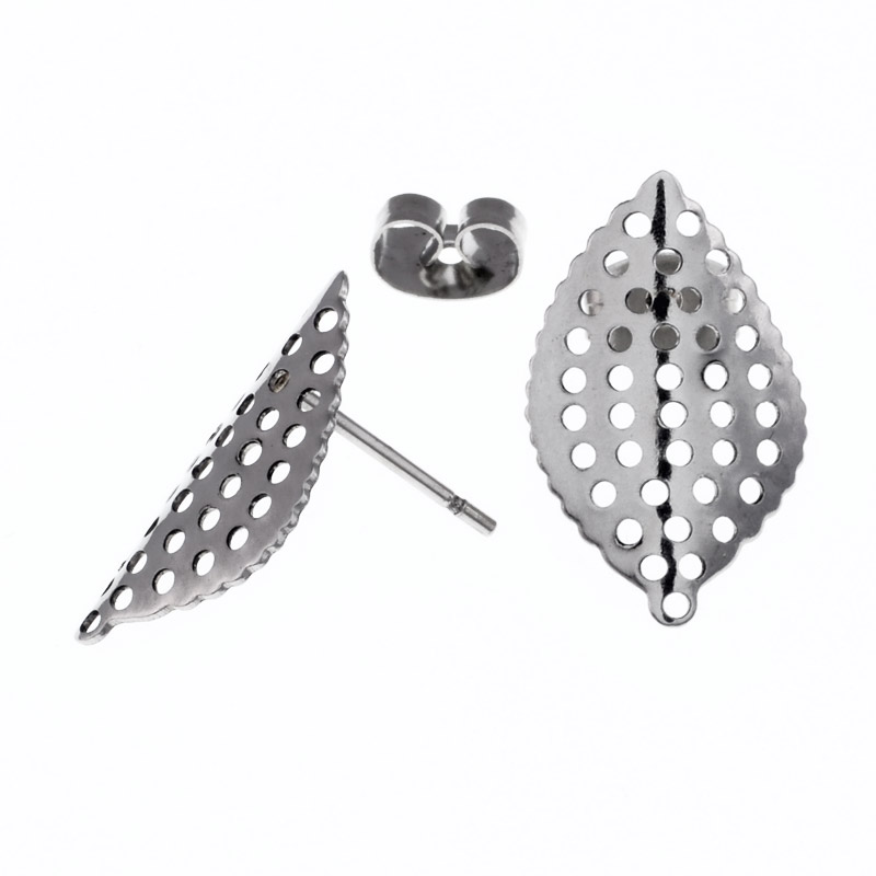 Пусети з нерж. сталі з заглушками, Листочки, 18х11 мм, Темне срібло (STL-055774)