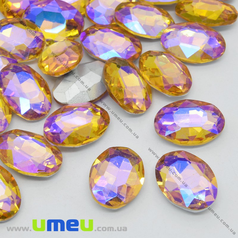 Ріволі скляний, Овал гранований, Райдужний, 18х13 мм, Жовтий АВ (KAB-033994)