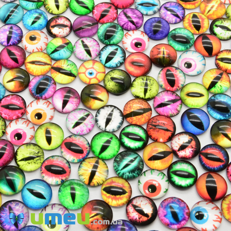 Кабошони скляні з принтом Око, 10 мм, Круглі, Мікс (KAB-050703)