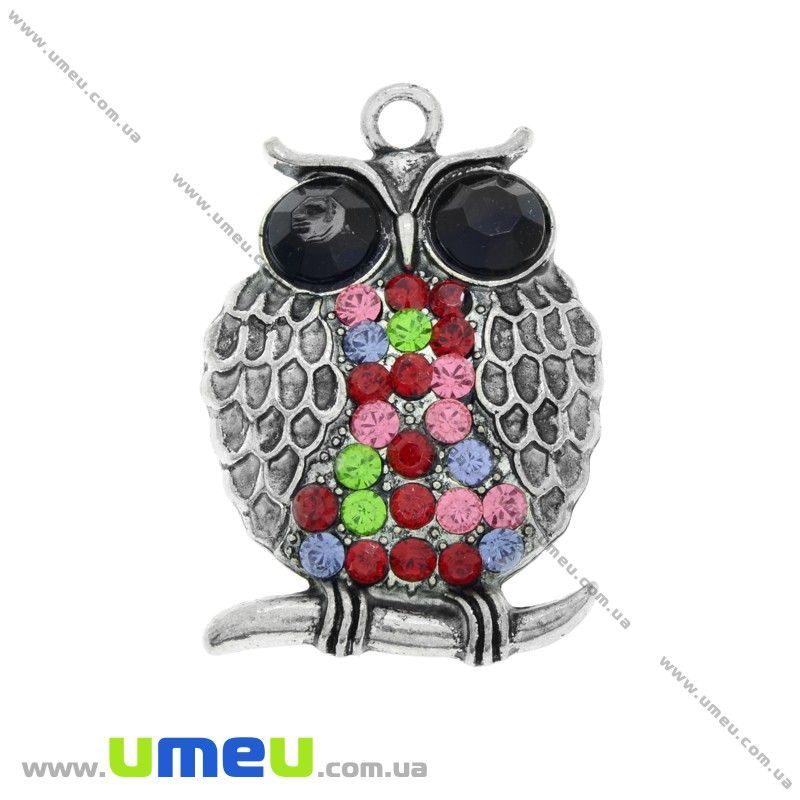 Підвіска метал. Сова з різнокольоровими стразами, 41х28 мм, Античне срібло (POD-028269)