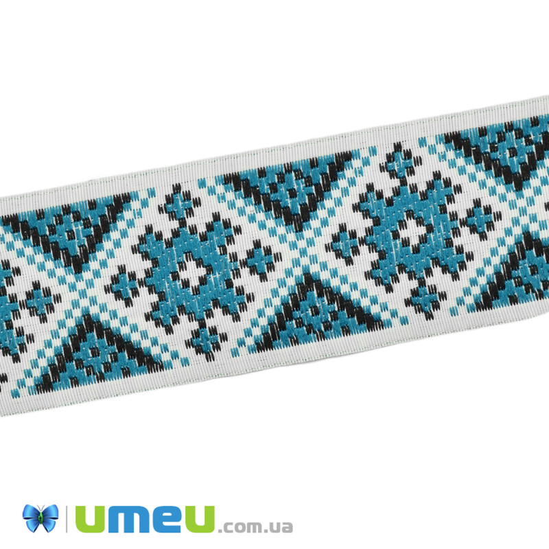 Тасьма з українським орнаментом, 40 мм, Бірюзова (LEN-042164)