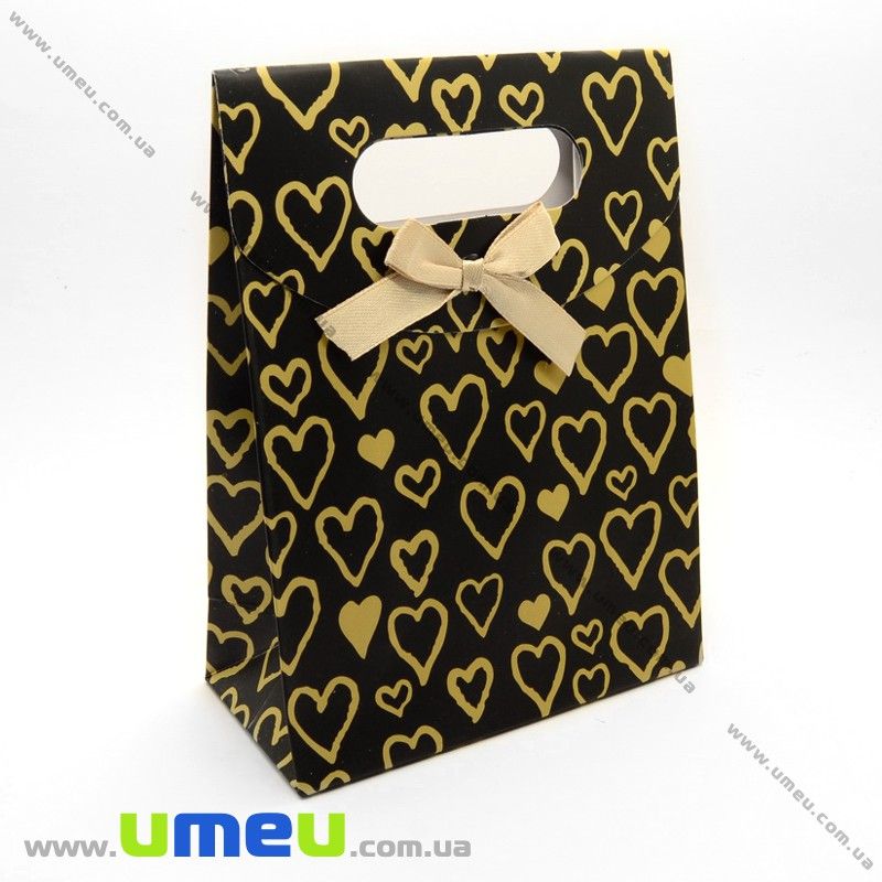 Подарунковий пакет на липучці, Серденька, Чорний, 16х12х6 см (UPK-009698)