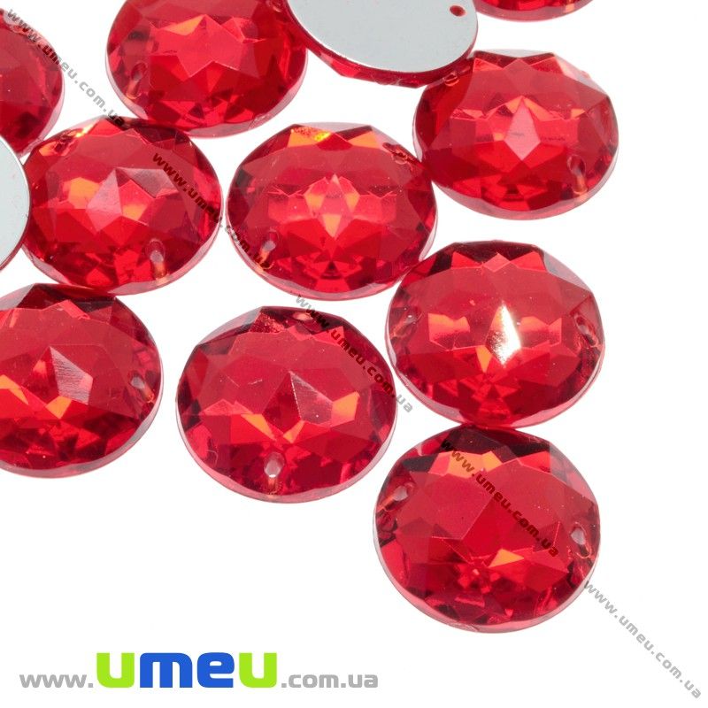 Пришивний кристал пласт. Круглий гранований, 15 мм, Червоний (KAB-012154)