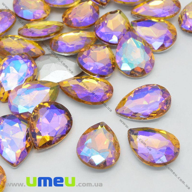 Ріволі скляний, Крапля гранована, Райдужний, 14х10 мм, Жовтий АВ (KAB-033967)